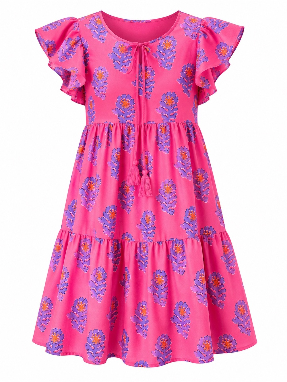 J. Marie Pink & Lavender Floral Tiered Mini Dress Tassel Tie Flutter Sleeve L